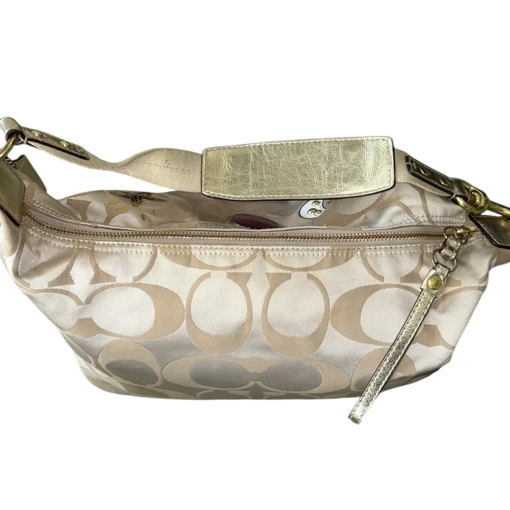 COACH Poppy Khaki Sateen Logo Multicolor Applique Shoulder Hobo Bag - F17586
